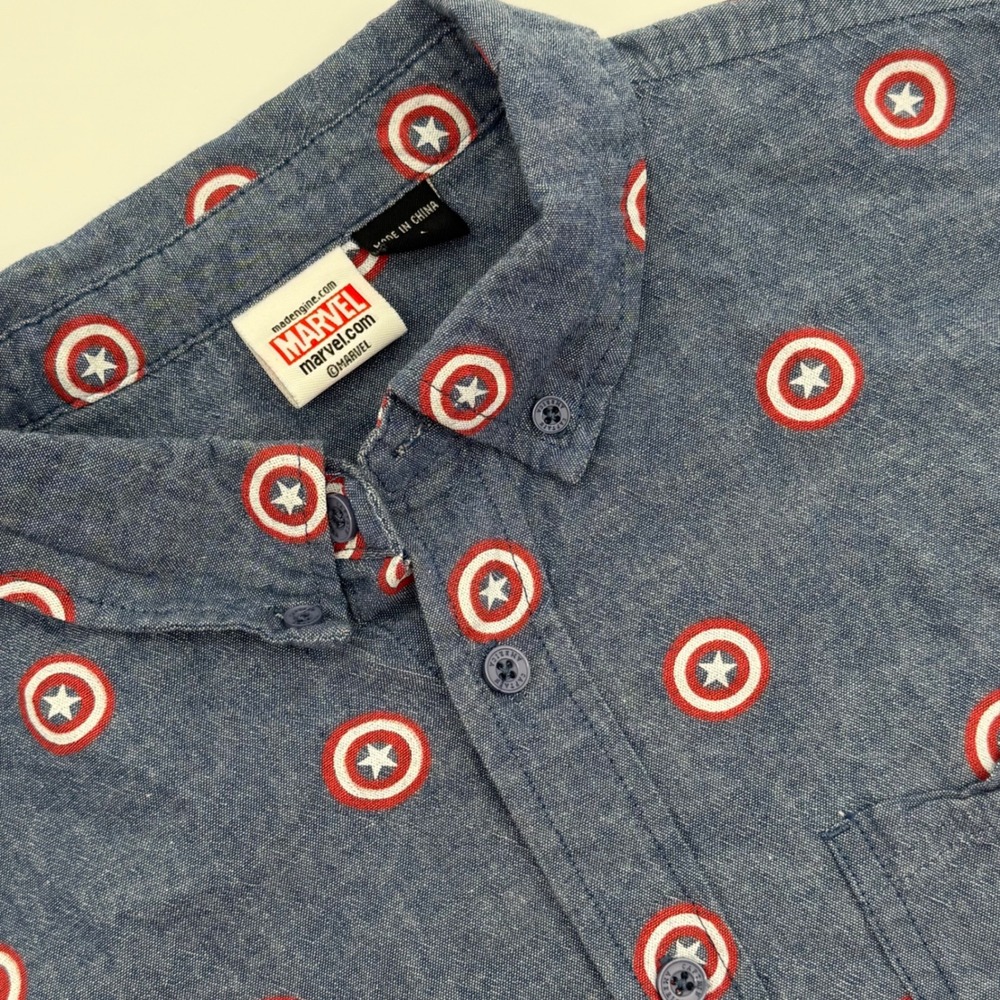 Marvel Captain America Shield Button Down Shirt Mens Medium Blue Cotton